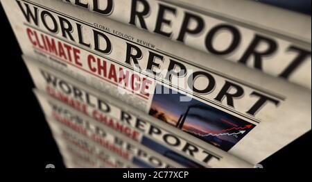 Changement climatique, rapport mondial, réchauffement de la planète, écologie et crise environnementale. Journal quotidien imprimé. Résumé de production de presse papier vintage Banque D'Images