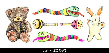 Cute brown plush teddy bear with scarf, white handmade rabbit, funny snakes rainbow colors, Beanbags beetles set, bee and ladybug, isolated Banque D'Images