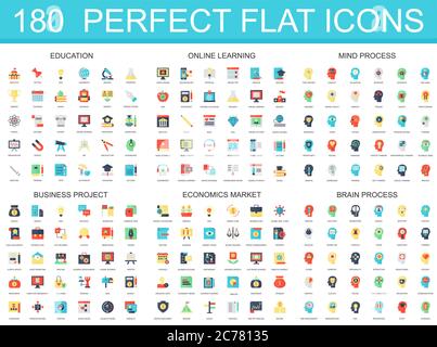 180 ensemble moderne d'icônes plates de l'éducation, l'apprentissage en ligne, le processus d'esprit de cerveau, projet d'affaires, économie de marché icônes Illustration de Vecteur