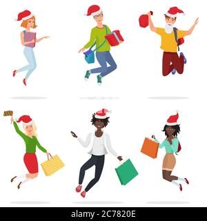 Ensemble de jeunes adultes heureux sautant, dansant avec des boîtes cadeaux et des chapeaux de Noël. Joyeux Noël célébrant ensemble Illustration de Vecteur