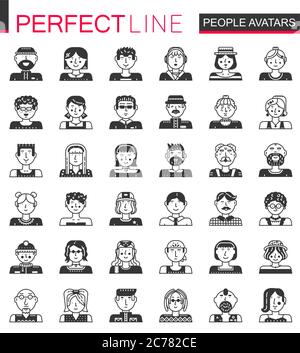 Les personnes vectorielles avatars classique noir concept icônes. Ensemble de têtes pour hommes et femmes Illustration de Vecteur