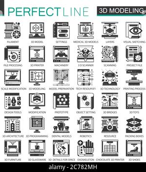 modélisation 3d et impression de mini symboles de concept noirs. Jeu d'illustrations vectorielles modernes à pictogrammes et icônes vectorielles Illustration de Vecteur