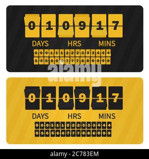 Chronomètre de vente de présentation d'événement vectoriel. Bannière de modèle de compteur de numéros jaunes noirs, tous les chiffres avec des lèvres sont inclus. Tableau des chiffres de l'horloge du compte à rebours Illustration de Vecteur