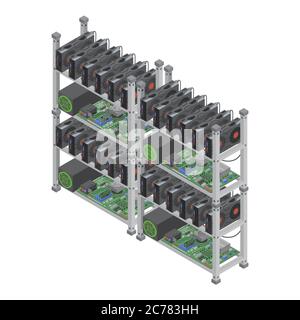 Concept de crypto-fonds de mines de devises à vecteur isométrique avec cartes vidéo graphiques. Illustration de Vecteur