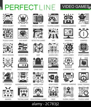 Jeux vidéo vectoriels mini-icônes de concept noir classique et ensemble de symboles d'infographie Illustration de Vecteur