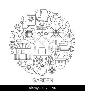 Jardin en cercle - illustration de la ligne concept pour la couverture, l'emblème, l'insigne. Outils de jardin icônes de traits fins Illustration de Vecteur