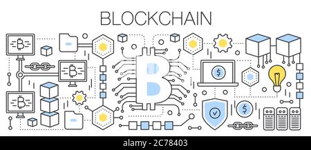 Bitcoin, crypto-monnaie et technologie blockchain. Signe Bitcoin connecté à un réseau mondial. Vecteur de ligne plate. Illustration de Vecteur