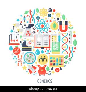 Biochimie génétique technologie plate infographiques icônes en cercle - couleur concept illustration pour biologie génétique couverture, emblème, modèle Illustration de Vecteur