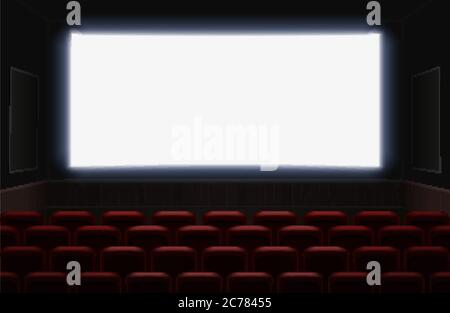 Intérieur d'un cinéma avec écran blanc brillant. Sièges de cinéma rouge ou de théâtre devant l'écran. Illustration vectorielle d'arrière-plan de l'auditorium cinéma vide Illustration de Vecteur