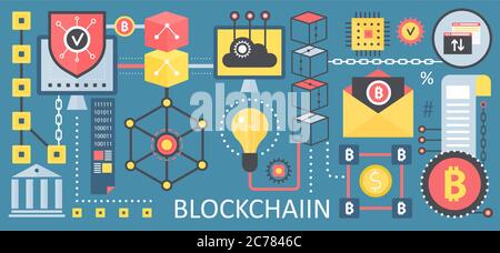 Icônes de concept de technologie de réseau Bitcoin, crypto-monnaie et blockchain. Poster Vector Blockchain Illustration de Vecteur