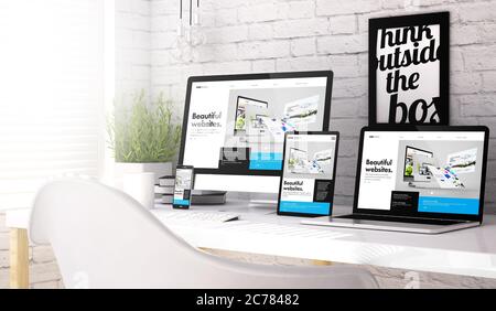rendu 3d de la collection de périphériques dans l'espace de travail avec site web builder à l'écran. Tous les graphiques d'écran sont composés. Banque D'Images
