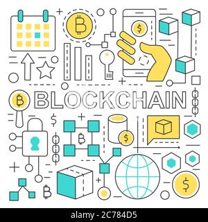 Texte de la blockchain et concept de financement de réseau global avec éléments de la blockchain Illustration de Vecteur