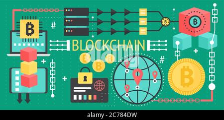 Bitcoin, crypto-monnaie et technologie blockchain, ordinateur portable connecté à un réseau de concepts Illustration de Vecteur