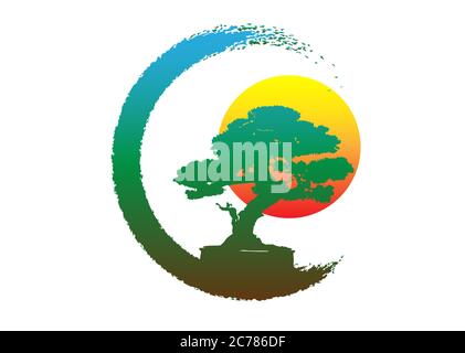 Logo de bonsaï japonais, icônes de silhouette de plante sur fond blanc, silhouette écologique verte de bonsaï et coucher de soleil. Image détaillée. Signe de la nature bio Illustration de Vecteur
