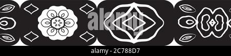 Bordure sans couture noire et blanche vectorielle style carreaux mexicains. Bannière géométrique moderne avec rectangles arrondis et décorations folkloriques florales naïves. Main Illustration de Vecteur