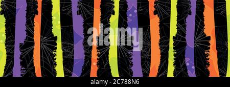 Bande de grunge Halloween et bordure sans couture à motif vectoriel en toile de araignée. Bannière verticale colorée au néon à rayures avec lignes épaisses et chauves-souris transparentes. Main Illustration de Vecteur
