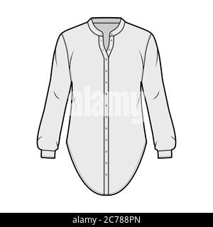 Chemise de mode technique avec col de support en mandarin incurvé et manches longues avec poignets. Modèle de chemisier sans pinces, couleur grise. Maquette CAD haut de gamme pour femmes, hommes et unisexe Illustration de Vecteur