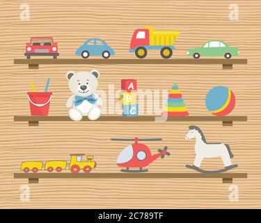Étagères avec jouets. Il y a des voitures, un hélicoptère, des ours en peluche, un cheval à bascule, une balle, un train et d'autres éléments sur la photo. Jouets pour le bébé garçon. Illustration de Vecteur