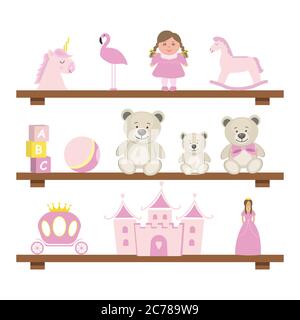 Étagères avec jouets. Jouets roses pour les filles de bébé. Il y a une poupée, une licorne, un cheval à bascule, une balle, un château, une calèche, une princesse, des ours en peluche Illustration de Vecteur