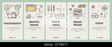 Ensemble vectoriel de bannières verticales avec modèles de photographie, de graphisme, d'outils électriques, de conception de marque et de concept de vision. Symboles modernes à lignes fines plates Illustration de Vecteur