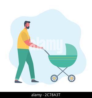 Père avec bébé sur une promenade. Jeune homme avec une poussette verte Illustration de Vecteur