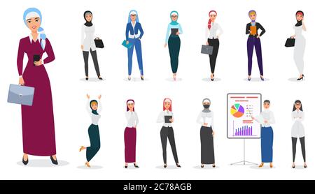 Ensemble vectoriel de femmes d'affaires arabes musulmanes pose de caractère Illustration de Vecteur