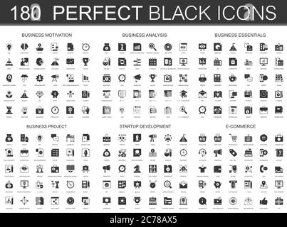 Motivation d'affaires, analyse d'affaires, essentiels d'affaires, projet d'affaires, développement de démarrage, e-commerce. Symboles de concept mini-icônes noirs. Pictogramme d'icône de vecteur moderne Illustration de Vecteur