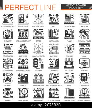 Mini-icônes et symboles graphiques noirs de l'industrie des vecteurs lourds et de l'énergie Illustration de Vecteur