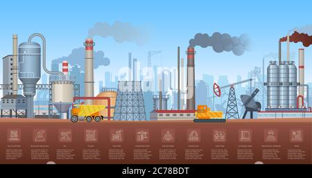 Infographies industrielles avec usines et plantes et icônes symboles graphiques. Illustration de l'industrie vectorielle Illustration de Vecteur