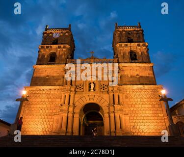 Cathédrale de Barichara la nuit, Barichara, Santander, Colombie, Amérique du Sud Banque D'Images