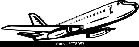 Illustration rétro en noir et blanc d'un avion jumbo de passager ou d'un avion de ligne qui se déporte sur un arrière-plan isolé. Illustration de Vecteur