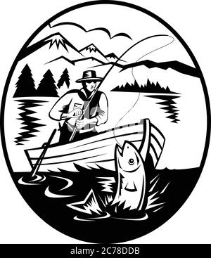 Illustration rétro de style noir et blanc d'un pêcheur de truite sur bateau pêche dans le lac avec tige et rabatteur accrochant poisson saumon avec montagnes dans Illustration de Vecteur