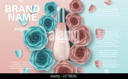 Produits cosmétiques parfum publicité pour votre conception. Modèle de package de marquage pour catalogue, poster. Parfum avec rose et vert fleurs roses 3d Illustration de Vecteur