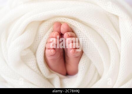 Les pieds du nouveau-né sont enveloppés dans une couche douce blanche. Les premiers jours de la vie d'un enfant Banque D'Images