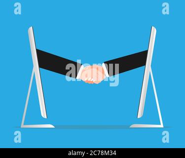 Deux hommes d'affaires se faisant passer d'écrans d'ordinateur, fond bleu, Illustration Illustration de Vecteur