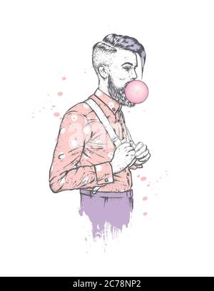 Un gars adorable souffle une bulle de gomme. Illustration vectorielle pour une carte ou une affiche, impression sur des vêtements. Taille basse. Illustration de Vecteur