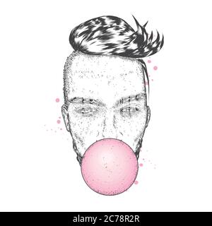 Un gars adorable souffle une bulle de gomme. Illustration vectorielle pour une carte ou une affiche, impression sur des vêtements. Taille basse. Illustration de Vecteur