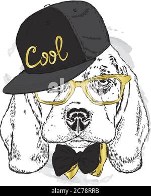 Beau chien portant des lunettes, un chapeau et une cravate. Illustration vectorielle pour carte de vœux, poster ou impression sur des vêtements. Chien d'ascendance. Illustration de Vecteur