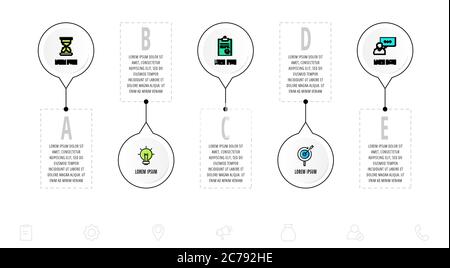 Cercles infographiques avec 5 étapes, étiquettes. Modèle vectoriel à ligne plate. Peut être utilisé pour cinq diagrammes, business, web, bannière, présentations, organigramme Illustration de Vecteur