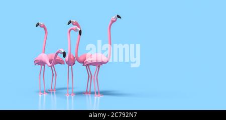 Groupe de flamants roses sur fond bleu rendu 3D Banque D'Images