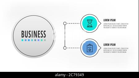 Cercles infographiques avec 2 étapes, icônes. Modèle vectoriel de ligne plate. Peut être utilisé pour deux diagrammes : business, web, bannière, présentation de flux de travail, présentation Illustration de Vecteur