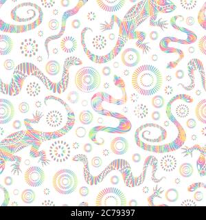 Motifs variés de lézards et de serpents brillants, isolés sur fond blanc. Texture vectorielle avec animaux colorés et tribaux complexes. Illustration de Vecteur