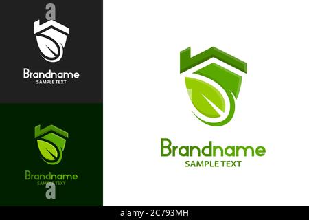 House Shield and Leaf, concept de conception de maison de protection de l'environnement, logo de l'assurance industrielle. Illustration de Vecteur