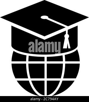 Chapeau de graduation sur Globe, éducation en ligne. Illustration de l'icône vecteur plat. Symbole noir simple sur fond blanc. Cap, éducation en ligne s Illustration de Vecteur