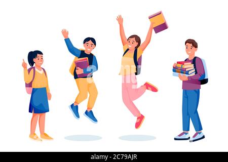 Saut et danse des enfants heureux avec des livres et des sacs à dos. Retour à l'école et éléments de conception de l'éducation, isolés sur fond blanc. Vecteur plat carto Illustration de Vecteur