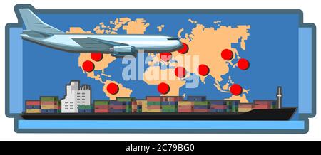 Succursales internationales de logistique. Illustration vectorielle. Fournisseur de logistique. Carte du monde avec les marques du bureau de représentation de la société. Transcontinent Illustration de Vecteur