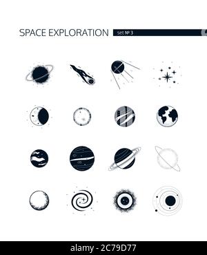 Exploration de l'espace - ensemble vectoriel moderne d'icônes noires Illustration de Vecteur