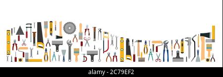 Outils vecteur d'arrière-plan. Isolé sur blanc. Instruments de menuisier, menuisier, serrurier, menuisier. Style plat. Définir. Situé près de la vague. Location, vente. Illustration de Vecteur