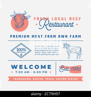 Ensemble de panneaux, titres, inscriptions et éléments décoratifs au menu pour le restaurant de bœuf local frais. Présentation rétro en Typographie de qualité supérieure avec dessin à la main Illustration de Vecteur