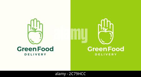 Modèle de symbole, de symbole ou de logo « Green Food Delivery Abstract ». Apple dans une main ou un Palm Emblem concept avec la typographie moderne. Illustration de Vecteur
